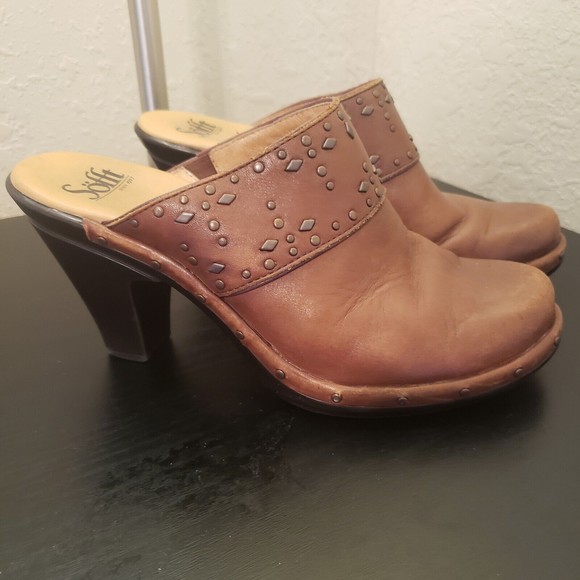 Sofft NWOB Womens Brown Leather Metal Studs Mules Heels Shoes Size 7 - Picture 5 of 9